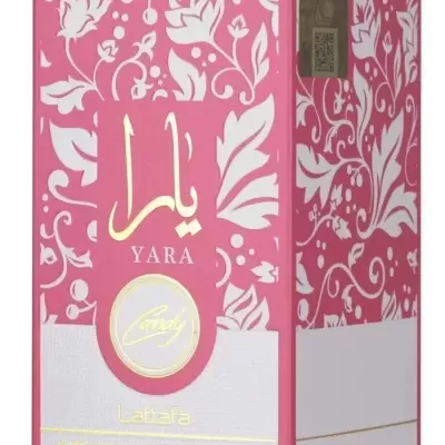 Caixa de perfume rosa YARA Candy com padrão floral
