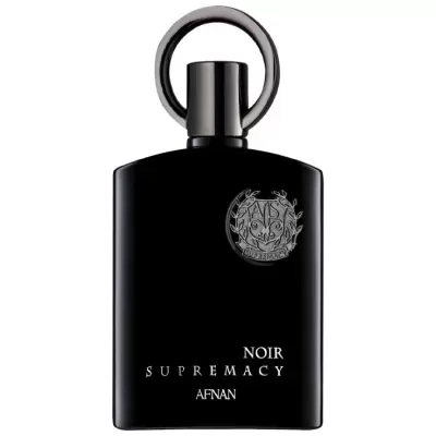 Frasco de perfume preto com tampa circular e texto branco NOIR SUPREMACY AFNAN