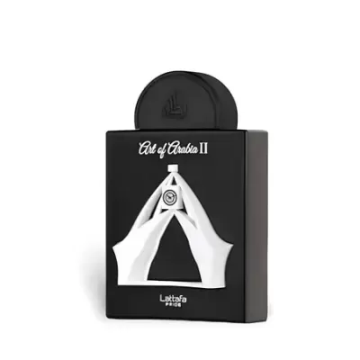 Frasco preto de perfume Art of Arabia II com ilustração de mãos em fundo branco