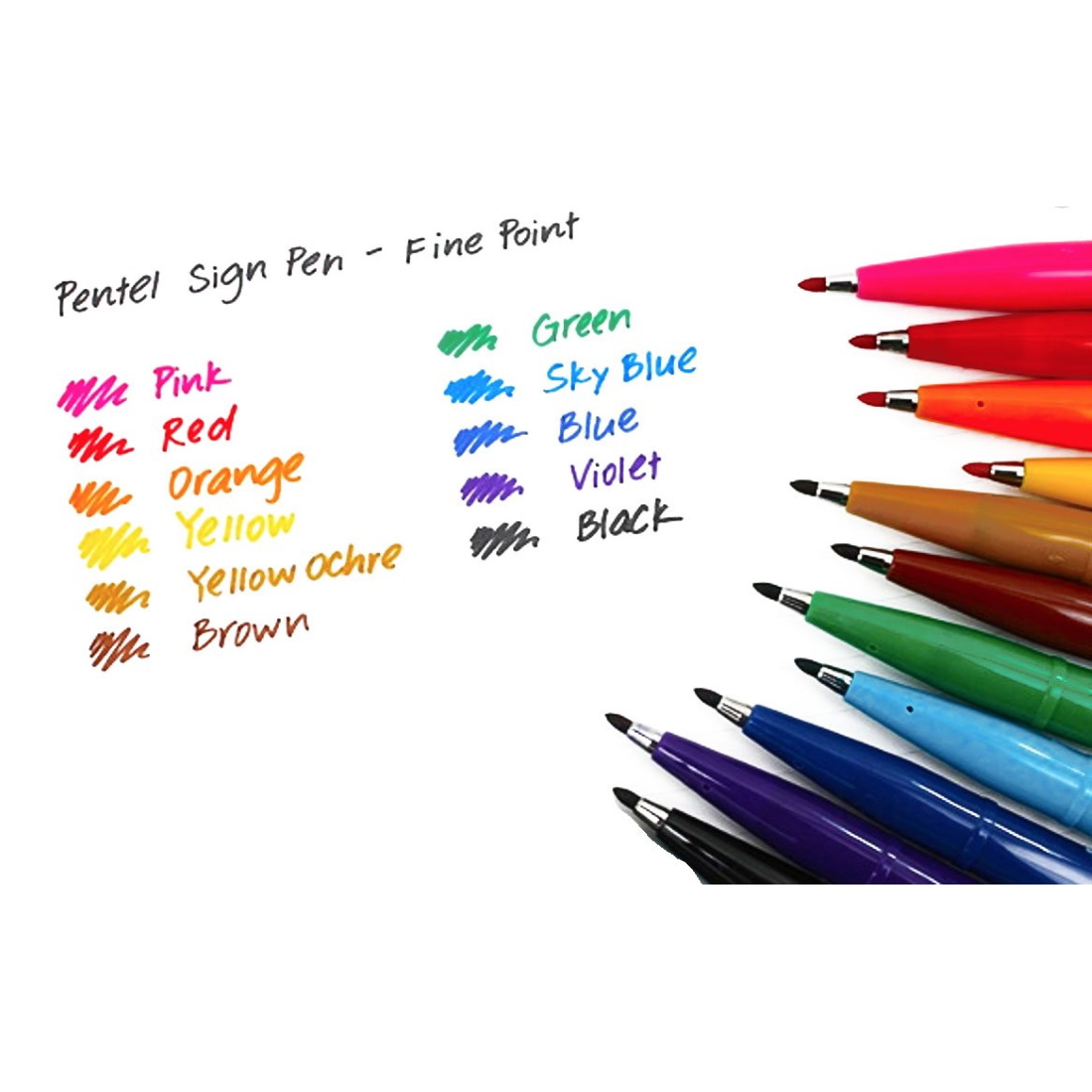 Conjunto de canetas coloridas Pentel Sign Pen com escrita das cores em papel branco