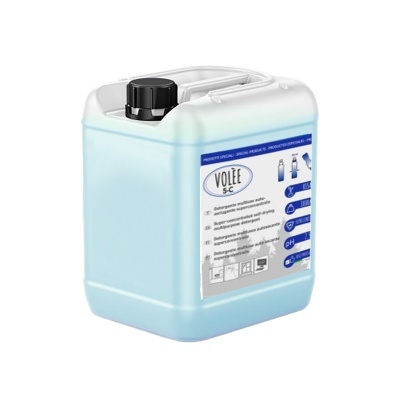 Frasco de plástico azul e branco com tampa preta e etiqueta VOLÉE S.-C