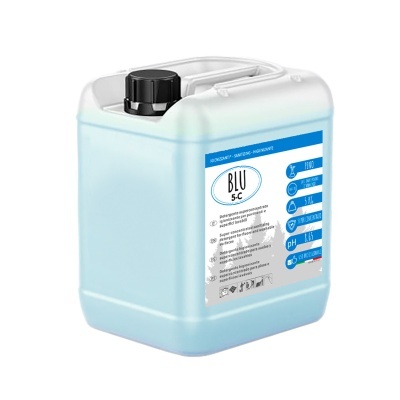 Recipiente plástico azul com etiqueta azul e branca e tampa preta