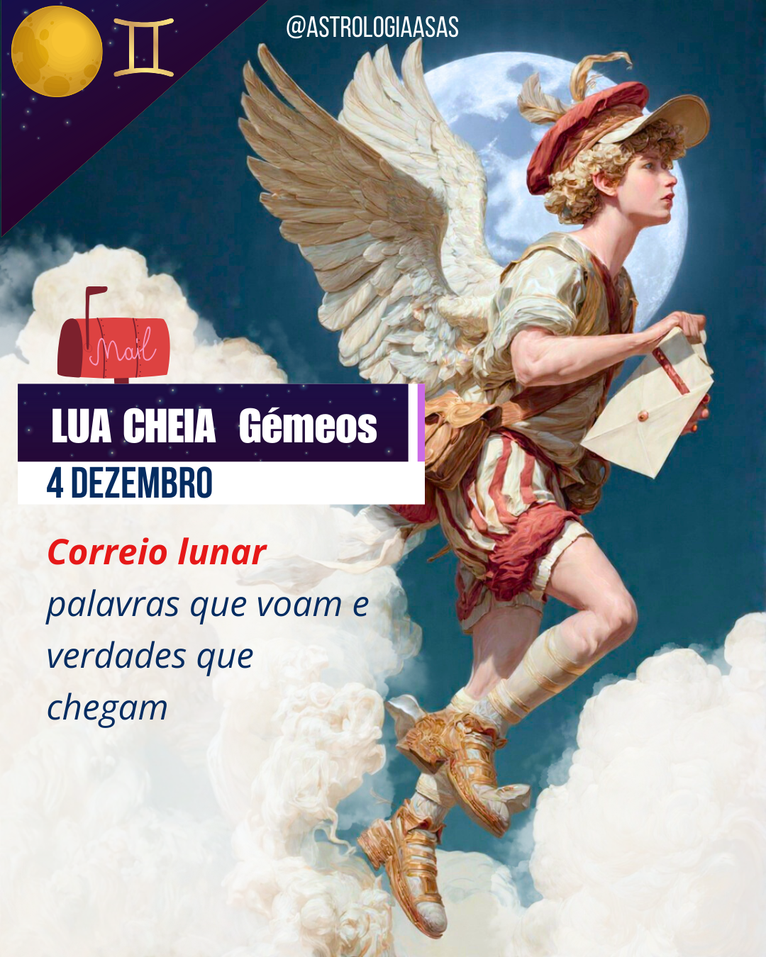 ✨ 4 de dezembro – Lua Cheia em Gémeos Ilustração de um mensageiro alado com carta, texto sobre lua cheia em Gémeos em 4 de dezembro