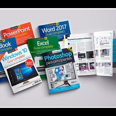 Manuais de software Microsoft e Adobe sobre fundo cinza claro