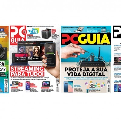 Capas de quatro edições da revista PC Guia com temas de tecnologia digital