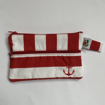 BOLSA FECHO DUPLO RISCAS ENCARNADAS E BRANCAS BORDADA