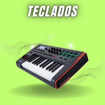 Teclado midi compacto em fundo verde com texto TECLADOS