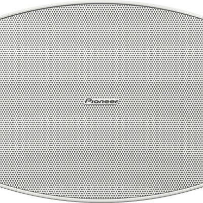 Coluna portátil branca com grelha metalica e logo Pioneer