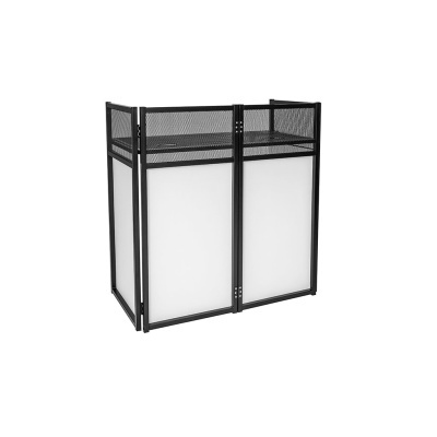 Expositor metálico preto com painel branco fosco e grelha metálica em três painéis