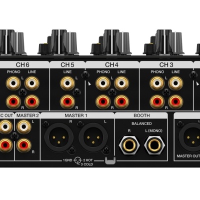 Parte traseira de equipamento Pioneer DJ com várias entradas e saídas de áudio e energia