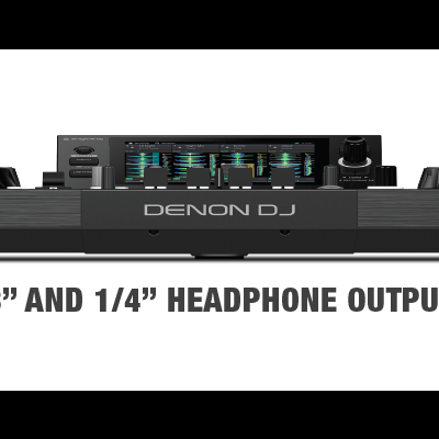 Controladora DJ Denon DJ preta com ecrã e texto sobre saída de auscultadores