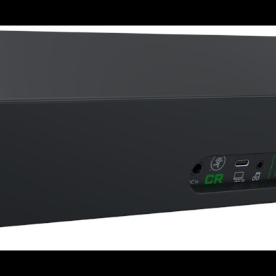 Barra de som preta com várias entradas e visor com letras CR