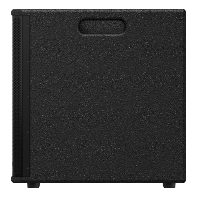 Coluna de som preta com textura rugosa e pega embutida