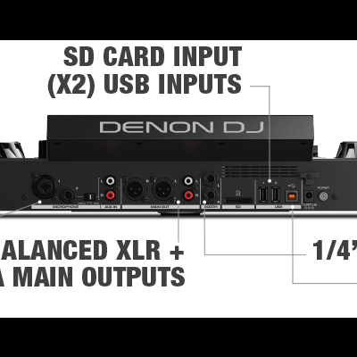 DJ controller Denon DJ SC Live 4 preto com várias entradas e saídas identificadas