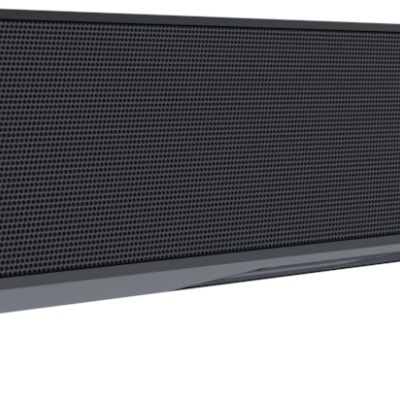 Coluna de som preta com detalhes verdes e símbolo de boneco a correr