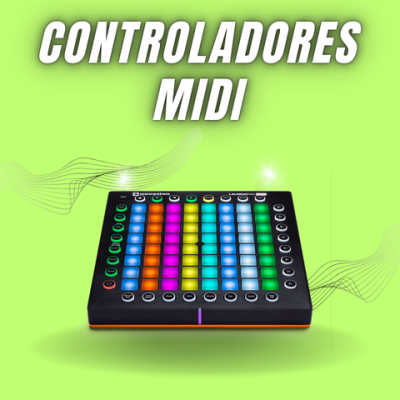 Controlador MIDI preto com botões coloridos em fundo verde com texto CONTROLADORES MIDI