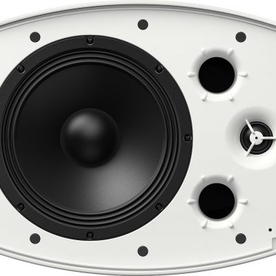 Coluna de som branca com altifalante preto e componentes circulares