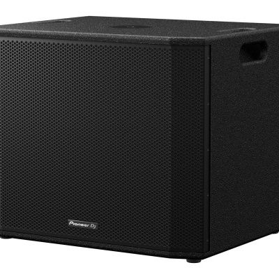 Subwoofer preto Pioneer DJ com grelha hexagonal e pega lateral