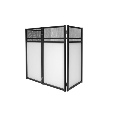 Biombo preto e branco de três painéis com estrutura metálica e painéis opacos brancos.