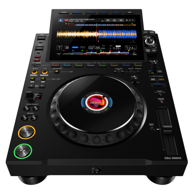 Leitor de música profissional DJ preto CDJ-3000X com ecrã e roda tipo vinil.