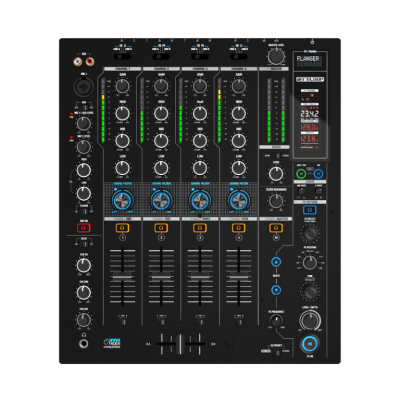 Mesa de mistura DJ Reloop preta com 4 canais e ecrã digital