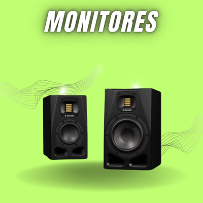 Colunas de estúdio pretas Adam Audio com texto MONITORES em fundo verde