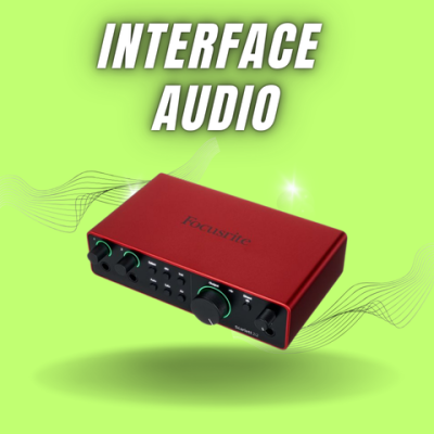 Interface de áudio vermelha Focusrite com botões e botões giratórios