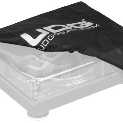 Capa protetora preta para gira-discos com texto branco