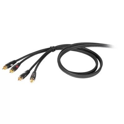 Cabo de áudio preto com quatro conectores RCA dourados e acabamentos nas cores preta, vermelha e branca