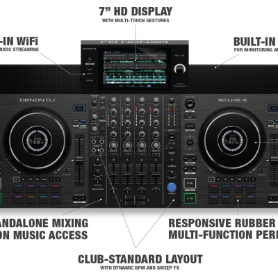 Controlador DJ Denon DJ SC LIVE 4 preto com ecrã HD, jog wheels, colunas e botões coloridos