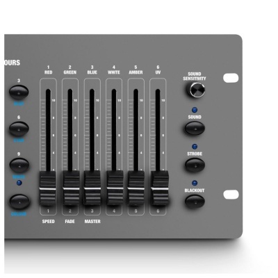 Painel de controlo cinzento com controlos deslizantes e botões pretos para ajuste de cores e som