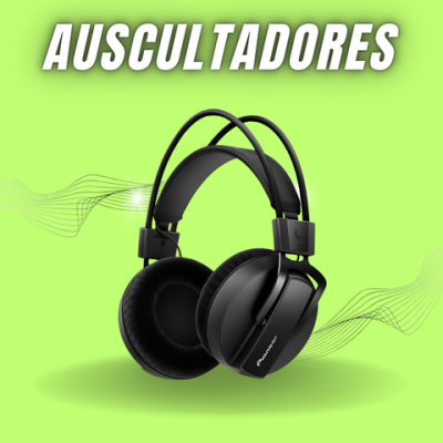 Auscultadores pretos em fundo verde com texto AUSCULTADORES