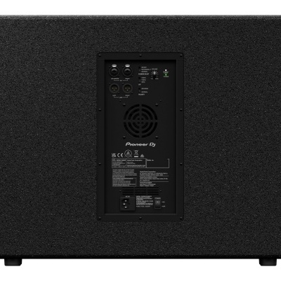 Coluna de som preta texturizada Pioneer DJ XPRS118SXT vista traseira com conexões e controle