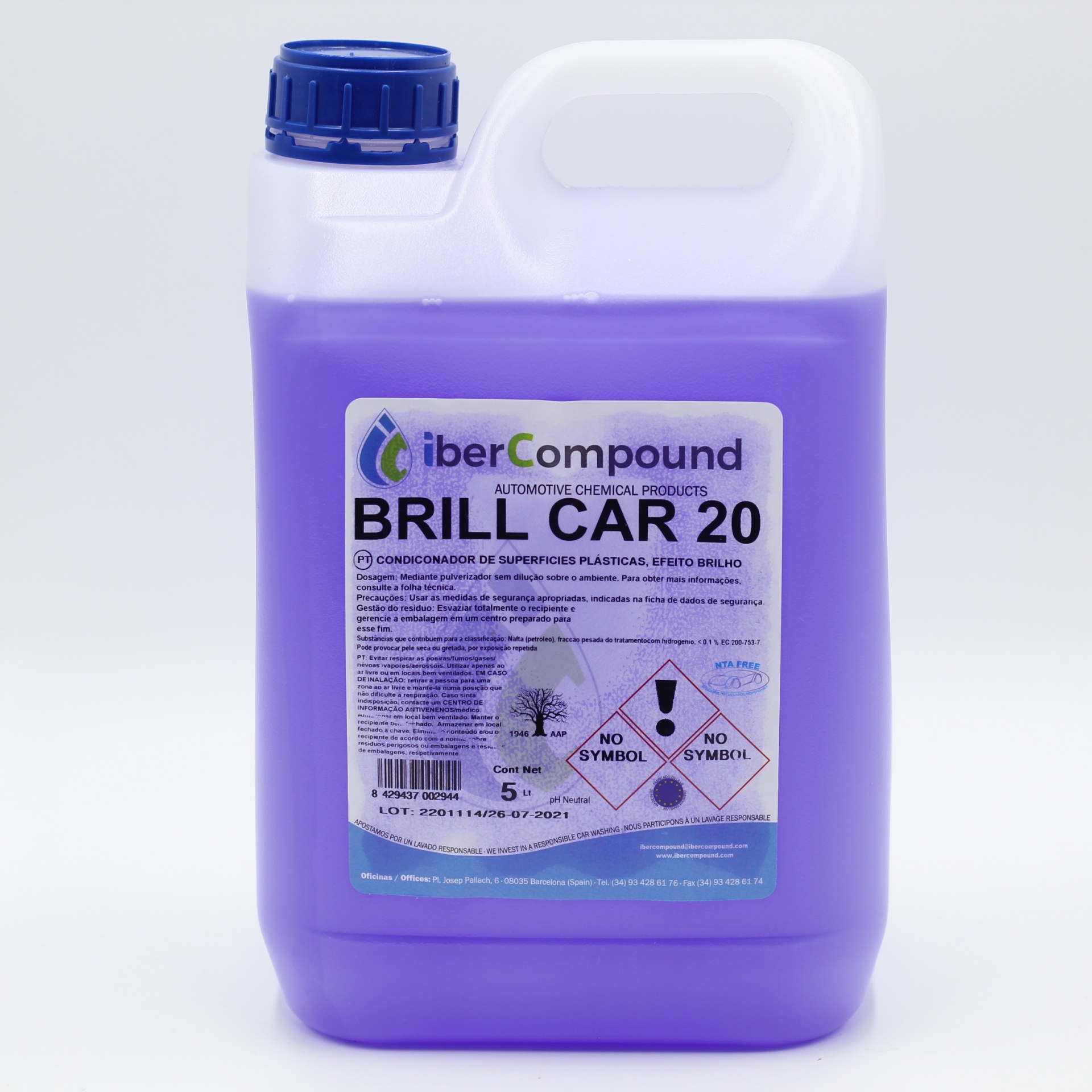 Recipiente de plástico branco com líquido roxo e rótulo IberCompound Brill Car 20