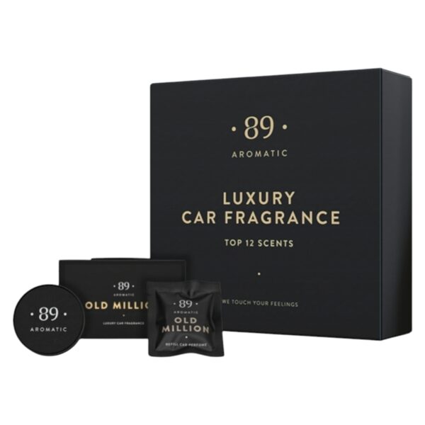 Conjunto de fragrância de carro de luxo 89 Aromatic com embalagem preta e dourada.