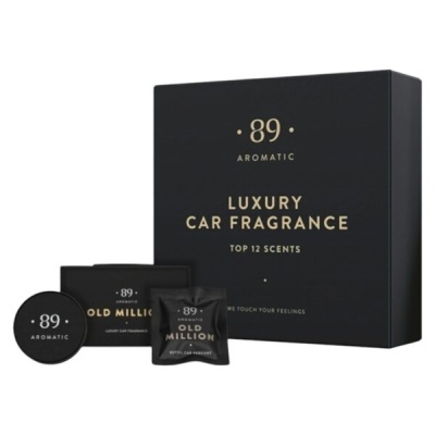 Conjunto de fragrância de carro de luxo 89 Aromatic com embalagem preta e dourada.