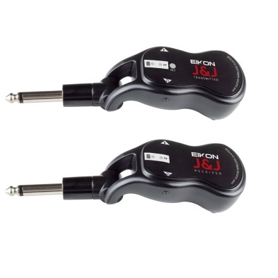 Conjunto de transmissor e recetor de áudio EIKON J&J preto com botões e plugues jack.