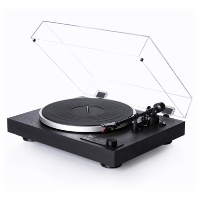 Gira-discos preto com tampa de acrílico transparente aberta
