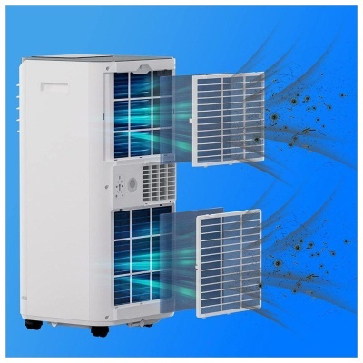 Aparelho branco com filtros removíveis a limpar partículas de pó