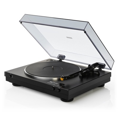 Gira-discos preto com tampa transparente aberta