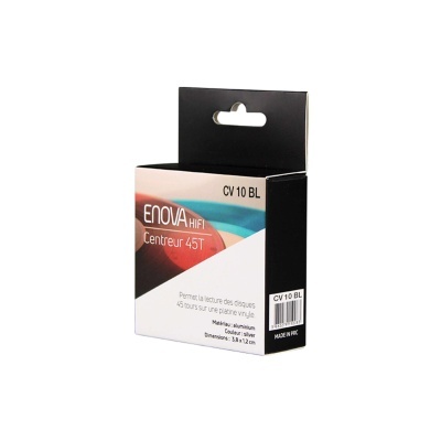 Embalagem preta e branca do centro ENOVA HIFI Centreur 45T com texto e código CV 10 BL