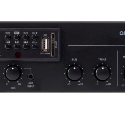 Amplificador de áudio artsound preto com botões rotativos e visor digital