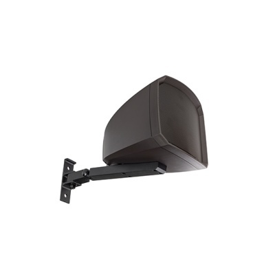 Coluna de som preta montada numa parede com suporte