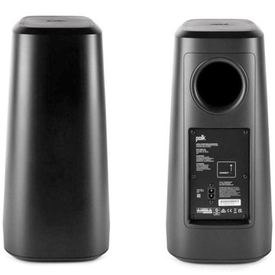 Coluna de som preta, vista frontal e traseira com porta de subwoofer e etiqueta