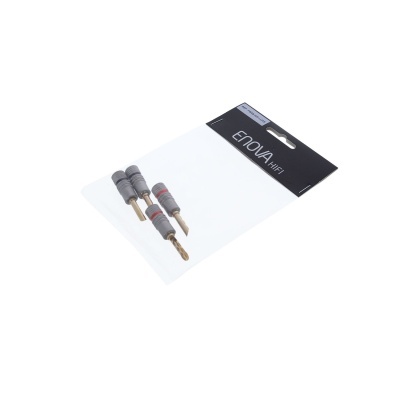 Conjunto de pontas de banana douradas e cinzentas em embalagem clara com etiqueta preta ENOVA HIFI