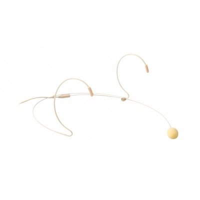 Microfone headset com estrutura metálica fina bege e ponta amarela