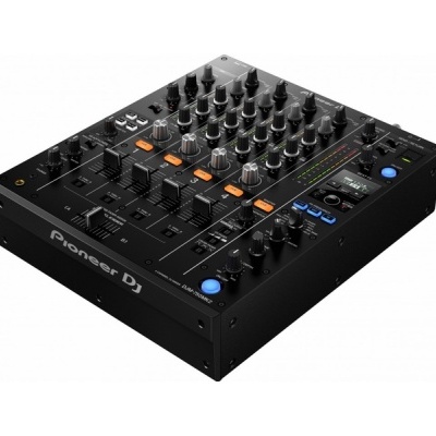 Mixer DJ preto da Pioneer DJ com botões e luzes
