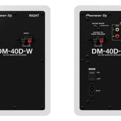Traseira dos altifalantes ativos Pioneer DJ DM-40D-W branco com etiquetas LEFT e RIGHT