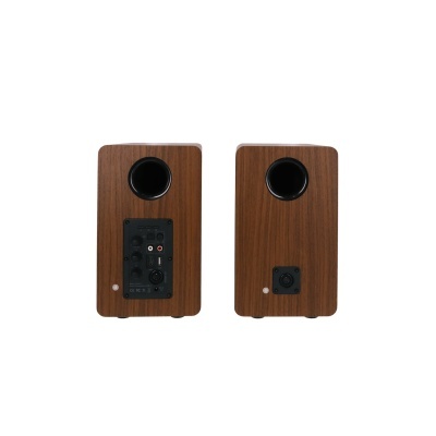 Par de colunas de madeira castanha vista traseira com painéis negros e botões