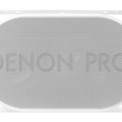 Coluna portátil branca com grelha perfurada e formato oval